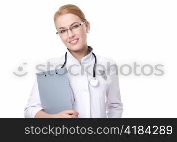 An attractive young doctor on a white background