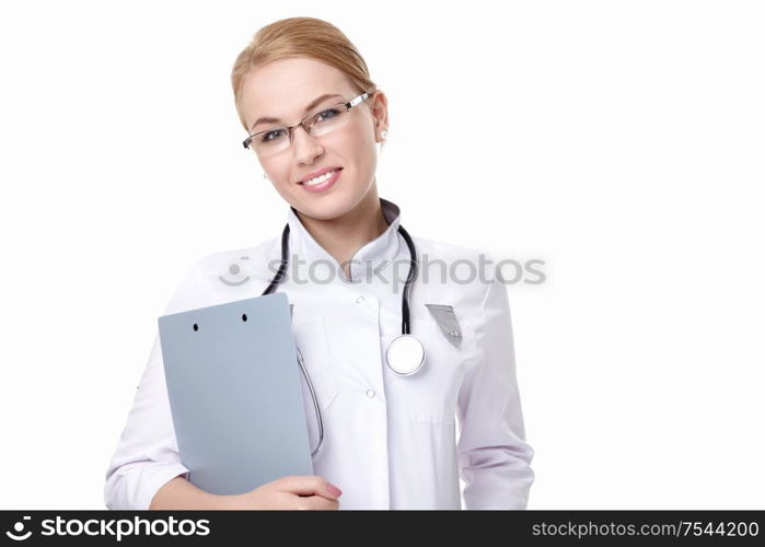 An attractive young doctor on a white background