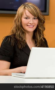 An attractive young female executive working on her laptop