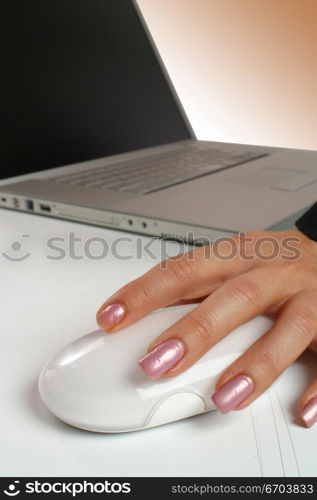 An attractive young woman working on a computer using a mouse.