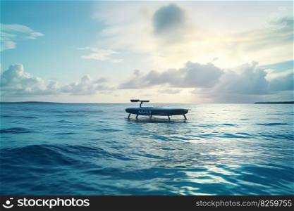 An autonomous ocean cleanup drone skimming the surface of the water, collecting plastic waste using advanced technology. The drone is solar-powered and innovative engineering. Generative AI