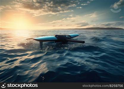 An autonomous ocean cleanup drone skimming the surface of the water, collecting plastic waste using advanced technology. The drone is solar-powered and innovative engineering. Generative AI