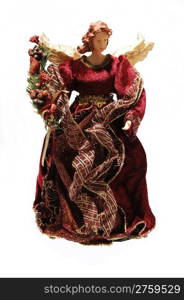 An beautiful Christmas doll angel in a long burgundy dress standing forwhite background.