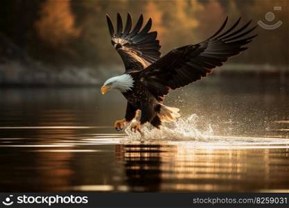 An eagle in flight catching fish from a lake created with generative AI technology