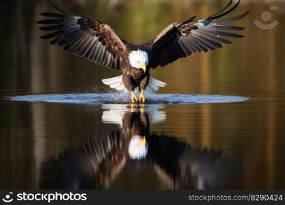 An eagle in flight catching fish from a lake created with generative AI technology