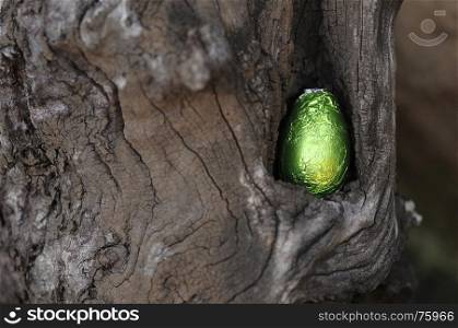 An easter egg wrapped in a shiny wrapper hidden in a tree trunk