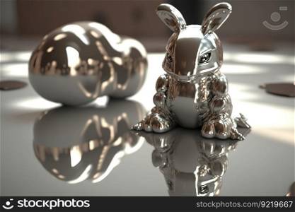 An Easter robot rabbit made of shiny metal sits on a mirrored surface. Traditional holiday in a futuristic concept. AI generated.. Easter robot rabbit made of shiny metal sits on a mirror surface. AI generated.