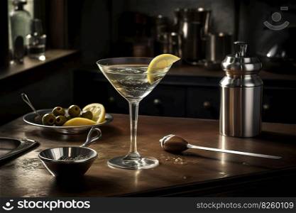An elegant, classic martini, served in a sophisticated martini glass with a twist of lemon or an olive, accompanied by a silver cocktail shaker on a sleek, modern bar countertop. Generative AI
