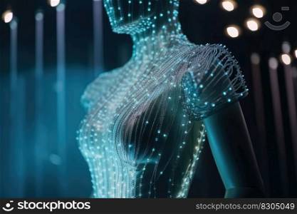 An Elegant Dress Made of Fibre Optic Cables on a Mannequin created with generative AI technology