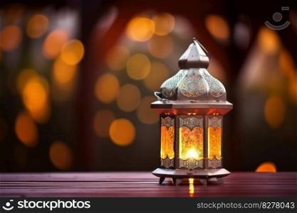 An elegant table set with lanterns and candles creates a warm and inviting atmosphere for the Muslim holiday of Eid al-Fitr. Ai Generative