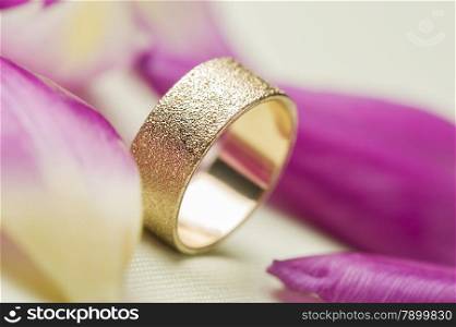 An elegant textured gold wedding band. An elegant textured gold wedding band or ring standing upright amongst scattered fresh pink rose petals symbolic of love romance and marriage vows for a lifelong commitment