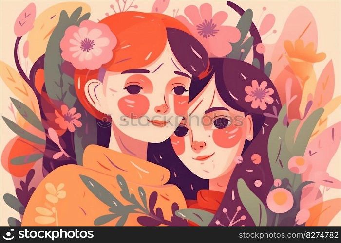 An emotional image perfect for Mother’s Day, capturing the bond between a mother and child in a serene meadow filled with colorful flowers, evoking feelings of peace and relaxation. AI Generative
