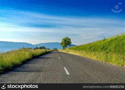 An empty blacktop highway in the countryside leading through green grass meadows to mountains in the background