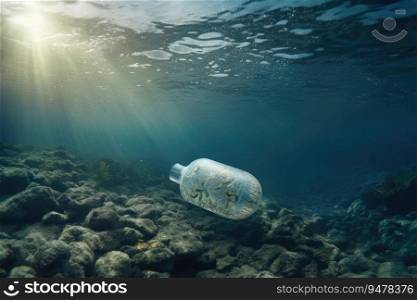 An empty plastic bottle floats in seawater contamination of the sea with waste. Generative ai