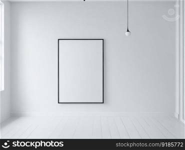 An empty room with a picture frame on the wall, all white render. Generative AI.