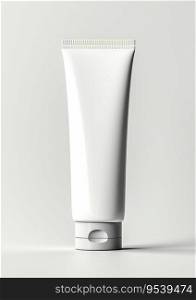 An empty white label tube against a white background, representing the concept of beauty product cream