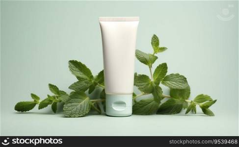 An empty white label tube mockup of a cosmetic product on a table adorned with green leaves.