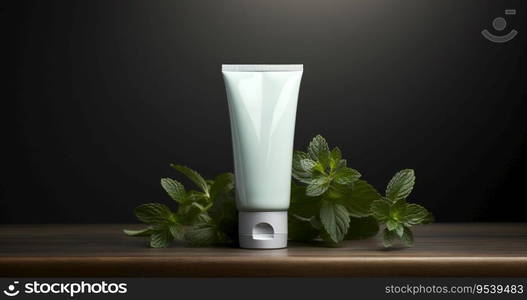 An empty white label tube mockup of a cosmetic product on a table adorned with green leaves.