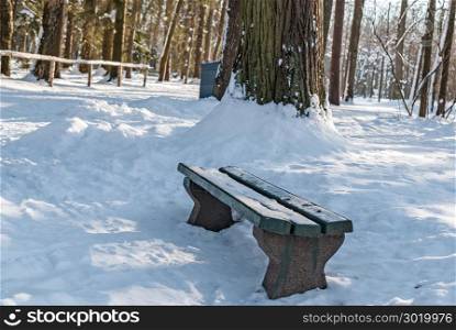 An empty wooden bench in the park, all around in the snow.