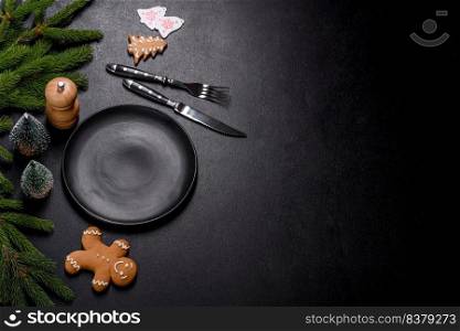 An empty wooden cutting board with wooden cutlery. Preparing the christmas kitchen table for cooking. An empty wooden cutting board with wooden cutlery on a christmas kitchen table
