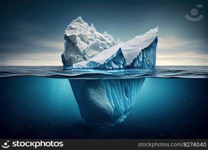 An enchanting underwater scene of a large iceberg floating in the ocean, creating a mesmerizing view of nature’s grandeur. Great for environmental and conservation projects. AI Generative.