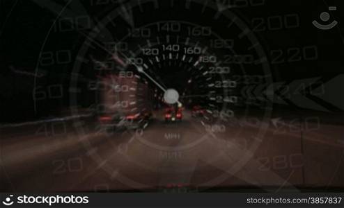 An energetic speedometer design composited over time lapse footage of driving at night.