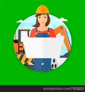 An engineer watching a blueprint at construction site. Woman with engineer blueprint. Engineer holding a blueprint. Vector flat design illustration in the circle isolated on background.. Engineer watching a blueprint.