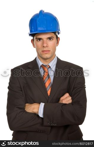 An engineer with blue hardhat, isolated on white