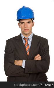 An engineer with blue hardhat, isolated on white