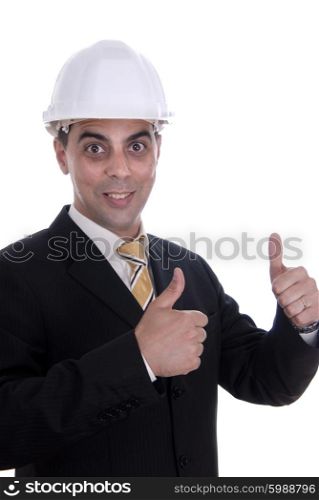 An engineer with thumb up, isolated on white