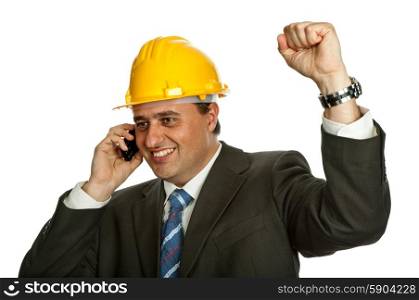 An engineer with yellow hardhat, isolated on white