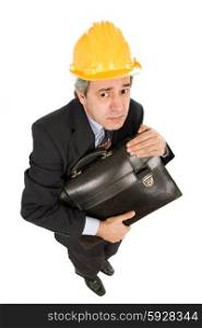 An engineer with yellow hat and suitcase, isolated on white