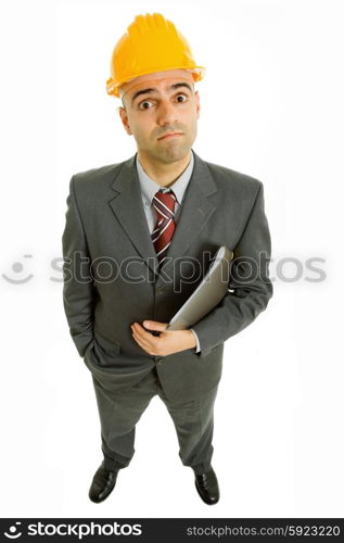 An engineer with yellow hat, isolated on white