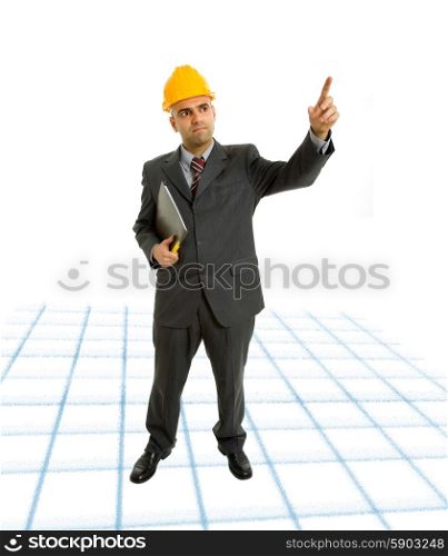 An engineer with yellow hat pointing up