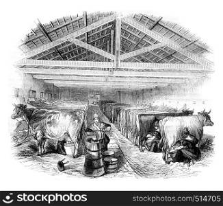 An English Barn, vintage engraved illustration. Magasin Pittoresque 1844.