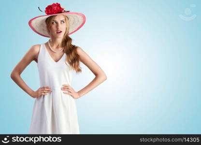 An enigmatic photo of the girl in vintage hat and white dress.