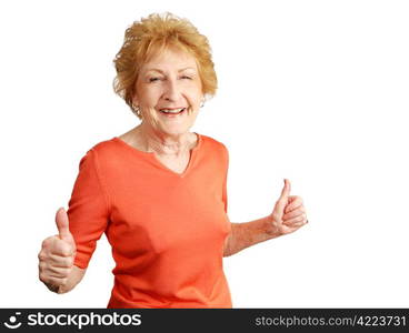 An enthusiastic red haired senior lady giving two thumbs up. Isolated on white.