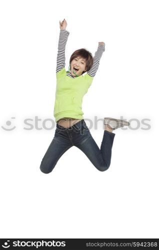 An excited woman jumping
