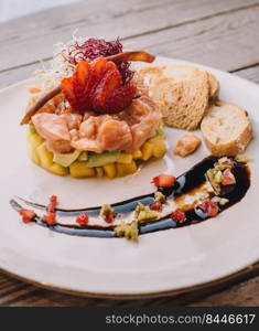 An exquisite gourmet salmon and avocado tartare