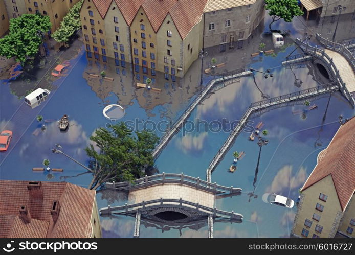 An flooding town. 3d concept