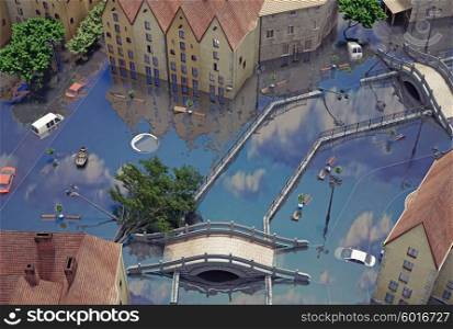 An flooding town. 3d concept