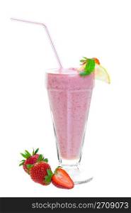 An ice cold strawberry smoothie with strawberries, lemon, and a sprig of mint for garnish. Shot on white background.