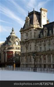 An ice rink outside the Hotel de Ville (City Hall), at Christmas time, Paris, France