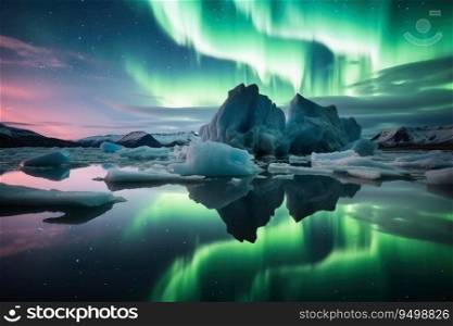 An iceberg landscape with water reflection the aurora borealis in the sky created with generative AI technology
