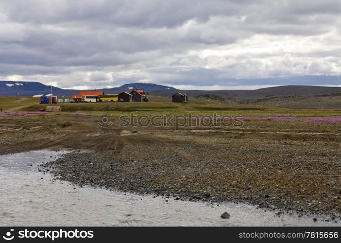 An Icelandic mountain rescue station and bus stop in the sprengisandur highlands, close to a river bedding