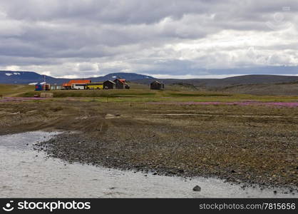 An Icelandic mountain rescue station and bus stop in the sprengisandur highlands, close to a river bedding