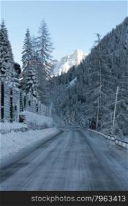 An icy mountain road, in the Dolomites region of Northern Italy