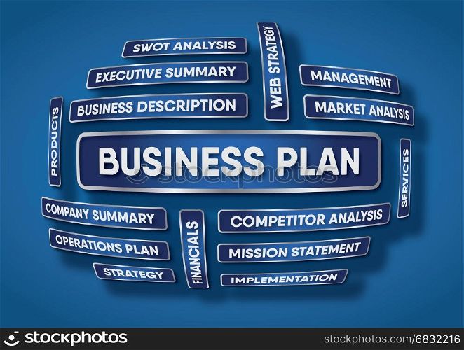 An illustration of a business plan made of words on a blue background