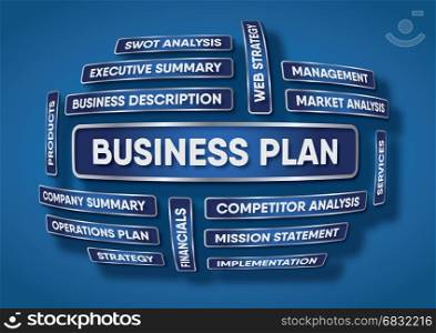 An illustration of a business plan made of words on a blue background