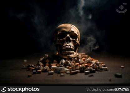 An illustration of a skull surrounded by smoke and cigarettes, reminding us of the dangers of smoking and the importance of quitting. Health and addiction concept. AI Generative
